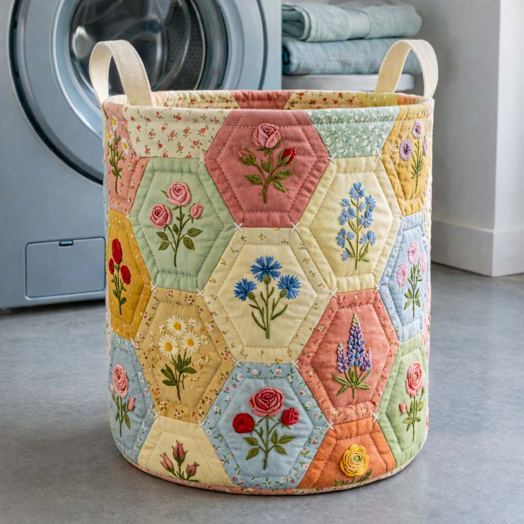 Floral Hexagon Quilted Laundry Basket GFTOQM3631